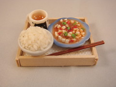 Dollhouse Miniature - Food Tray of Ma Po Tofu with Rice and Tea