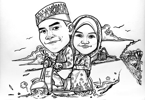 Malay wedding couple caricatures on vespa in Kampong in ink outline