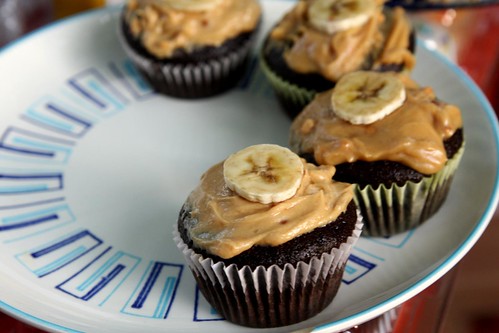 vegan chocolate peanut butter cupcakes, with banana