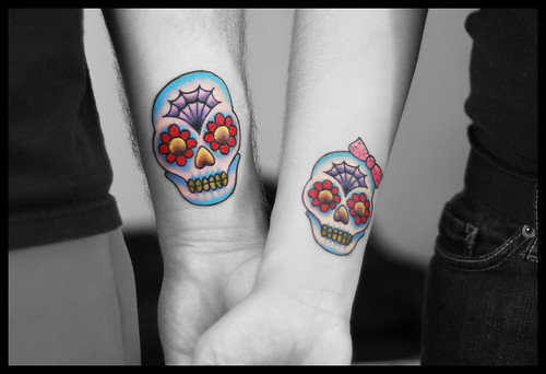 5th year wedding anniversary matching Dia de los Muertos tattoos