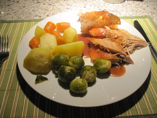 Citrus turkey with port sauce, potatoes, carrots, roasted Brussel sprouts