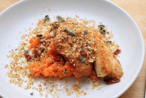 Tilapia with Mashed Sweet Potatoes and Bacon Sage Breadcrumbs