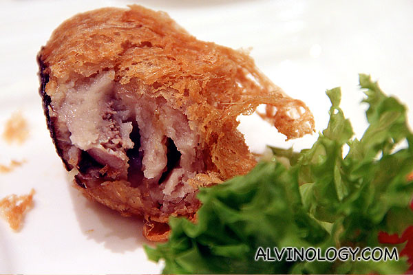 Yam filling with a piece of duck meat at the bottom