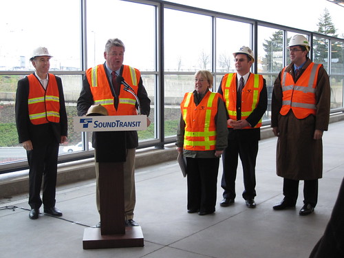 VIPs on the Mezzanine Level, from left to right: County Executive-Elect Dow Constantine, Seattle Mayor Greg Nickels, Sen. Patty Murray, County Executive Kurt Triplett, and Port Commissioner John Creighton (photo by the author)