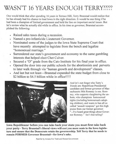 anti-Branstad flyer that appeared in Des Moines, 8/22/09