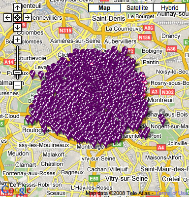 Map of bicycle sharing stations in Paris.  