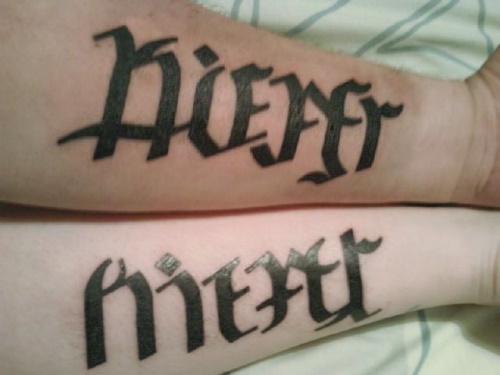 "Kelly" & "Kiefer", "Scott" & "Kiefer" Ambigram Tattoos - 1