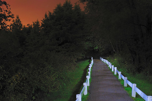 Forest 44 Conservation Area, near Valley Park, Missouri, USA - night view of fenced walkway with orange sky, lit with multiple flashes