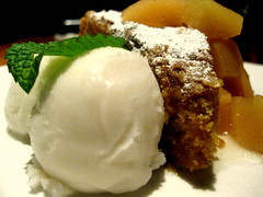 Carrot cake with toasted almond sorbet & vanilla bean quince compote