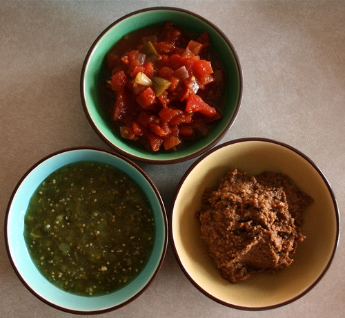 Tamale Sauces -  ranchera salsa, salsa verde, and mole