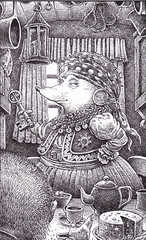 Auntie - An elderly Romany hedgehog has invited the hero for tea in her caravan. All the characters in this series are animals who appear in the guise of flamboyant fantasy characters.