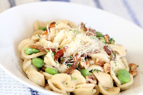 Orecchiette with fava beans, guanciale, and walnuts