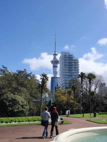The park near University of Auckland with Sky Tower in the background
