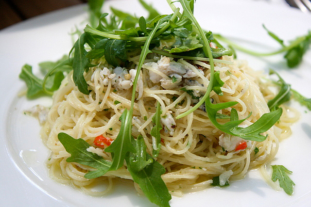 Pasta Aglio Olio (S$12.80): vermicelli pasta with white bait, garlic and fresh arugula