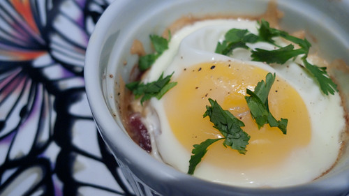 Baked Eggs with Bacon, Caramelized Onion and Gruyere