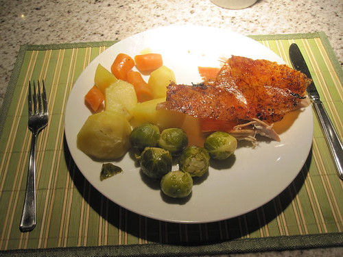 Citrus turkey with port sauce, potatoes, carrots, roasted Brussel sprouts
