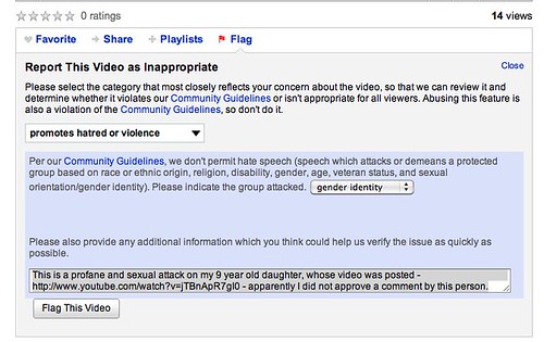 Flagging bullying response video as promoting hatred