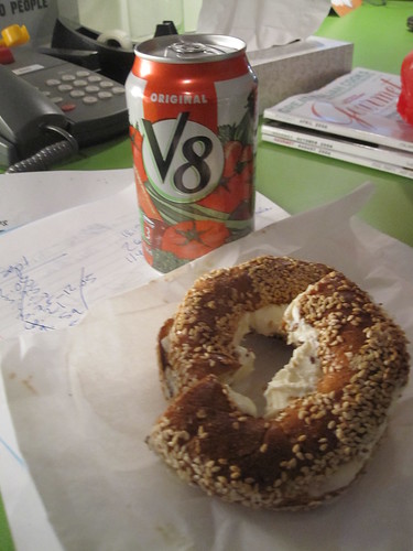 Cream chees ebagel and V8 from Pasta café - $5 with tip