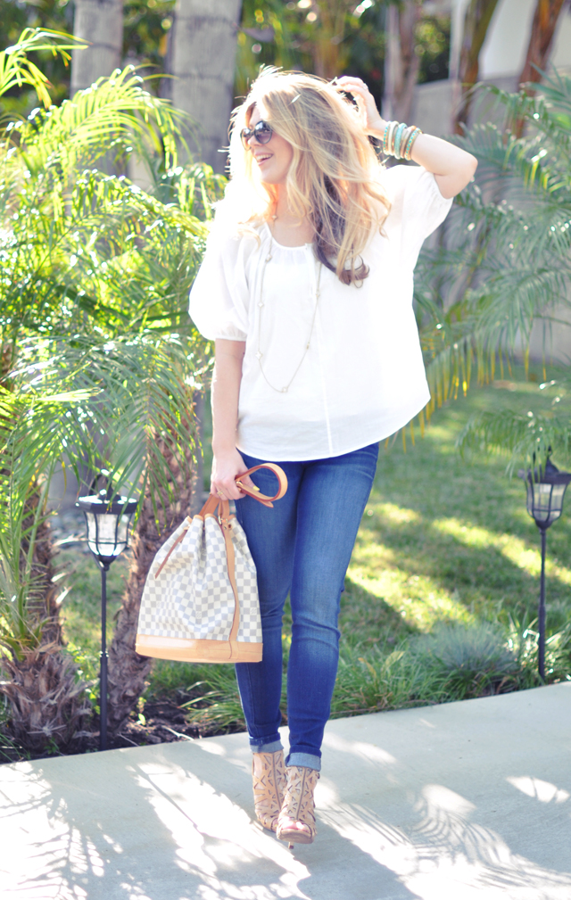 denim and white with  nude accessories