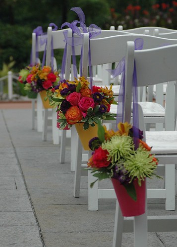 lyndsy's buckets, Brightly painted tin buckets with green spider mums, orange and hot pink roses, purple stock and matsumoto asters