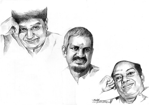 pencil portraits of 3 musicians