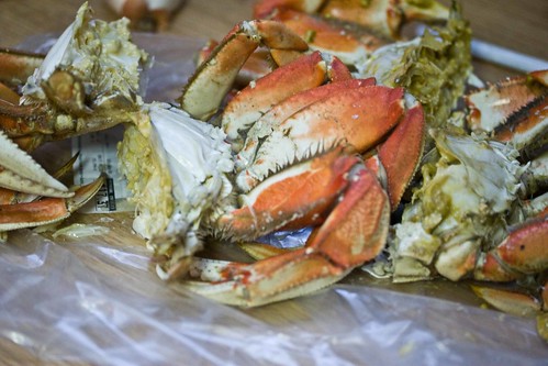 dungeness crabs, cleaned and halved