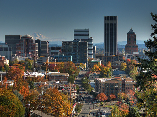 downtown Portland, with Mt Hood in the distance (by: David Grant, creative commons license)