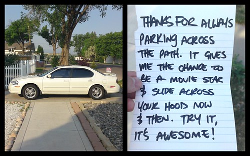 THANKS FOR ALWAYS PARKING ACROSS THE PATH. IT GIVES ME THE CHANCE TO BE A MOVIE STAR & SLIDE ACROSS YOUR HOOD NOW & THEN. TRY IT, IT'S AWESOME!