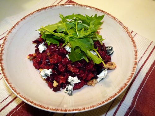 Beetroot risotto with goats cheese and walnuts