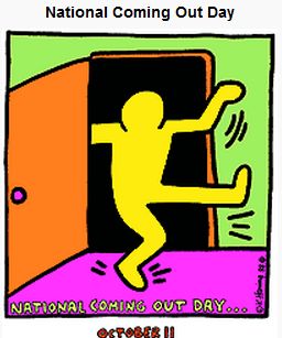 National Coming Out Day logo: Keith Haring image of a figure emerging, jubilant, from a closet door