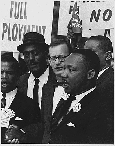 Civil Rights March on Washington, D.C. [Dr. Martin Luther King, Jr., President of the Southern Christian Leadership Conference, and Mathew Ahmann, Executive Director of the National Catholic Conference for Interrracial Justice, in a crowd.], 08/28/1963