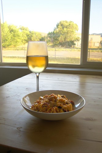 Paella with a glass of wine