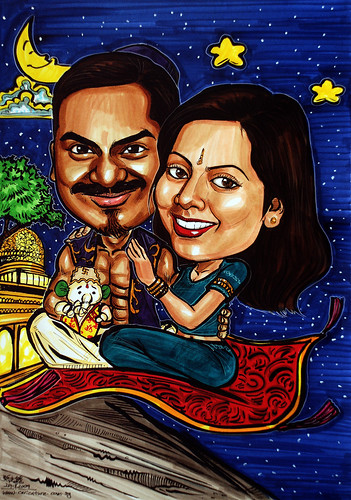 Indian wedding couple caricatures on flying carpet