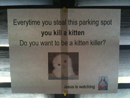 Everytime you steal this parking spot you kill a kitten Do you want to be a kitten killer? Jesus is watching