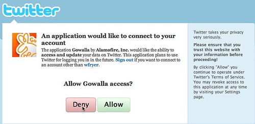 Allow Gowalla access to my Twitter? I don't think so...