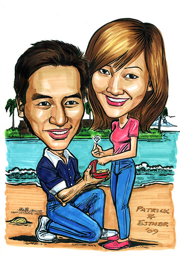 Couple caricatures proposal at Sentosa beach A4