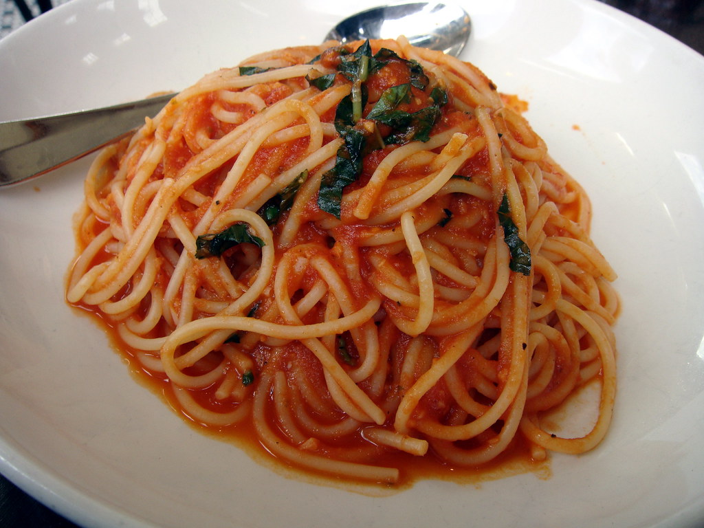 Spaghettini with Tomato Conserva, Garlic and Basil