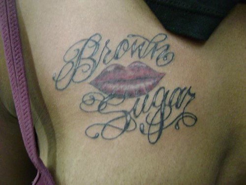 lettering tattoo plus lips by tatzbyjustin. Justin at Kats Like Us Tattoos