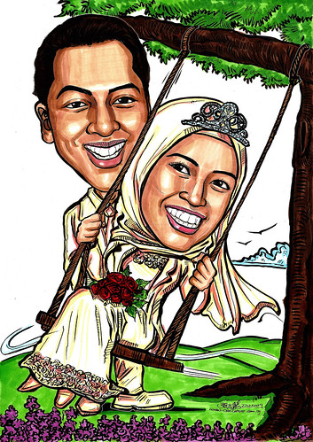 wedding couple caricatures on swing A4