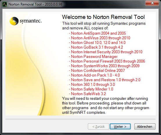 Schritt 1: Welcome to Norten Removal Tools: Startbildschirm