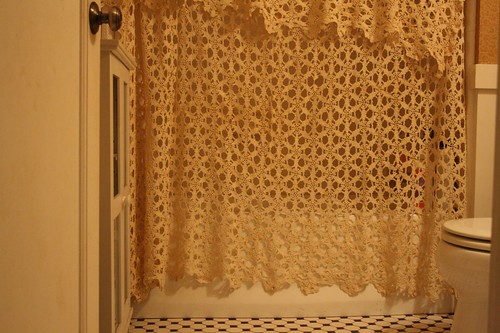 tablecloth turned shower curtain