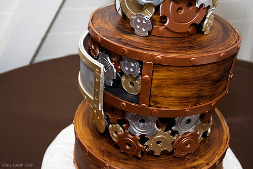 Liz and Austin's steampunked wedding cake The metallic gears doors