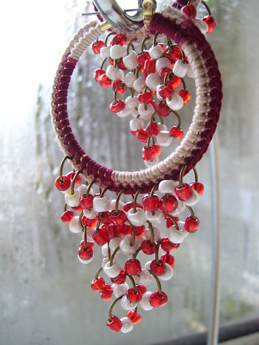 Red crocheted bohemian hoops