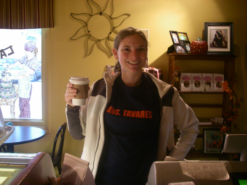 Mrs Tavres shirt in a coffee shop
