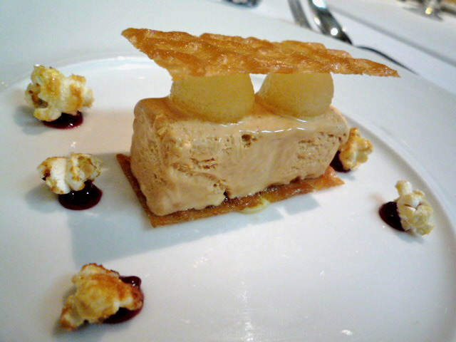 Caramel parfait with confit apple, salted popcorn and rice paper tuille