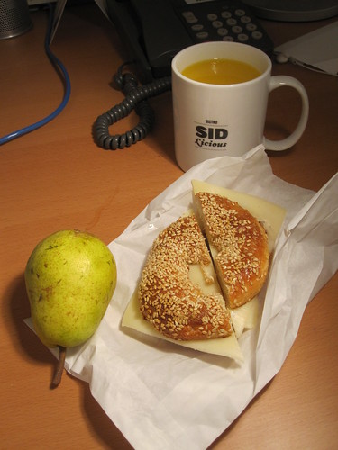 Juice and pear from the bistro (free); Cheese bagel from Pasta Café ($2.60)