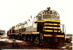 Belt Railway of Chicago Alco Century series roadswitchers idling at Clearing Yard. Bedford Park Illinois. March 1985.