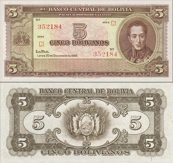 5 Bolivianos Bolívia 1945