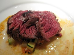 prelude to staplehouse - hanger steak with zucchini, heirloom tomatoes, brown butter, bacon, & thyme jus