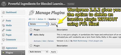 Wordpress 2.8.2 option to delete a plugin